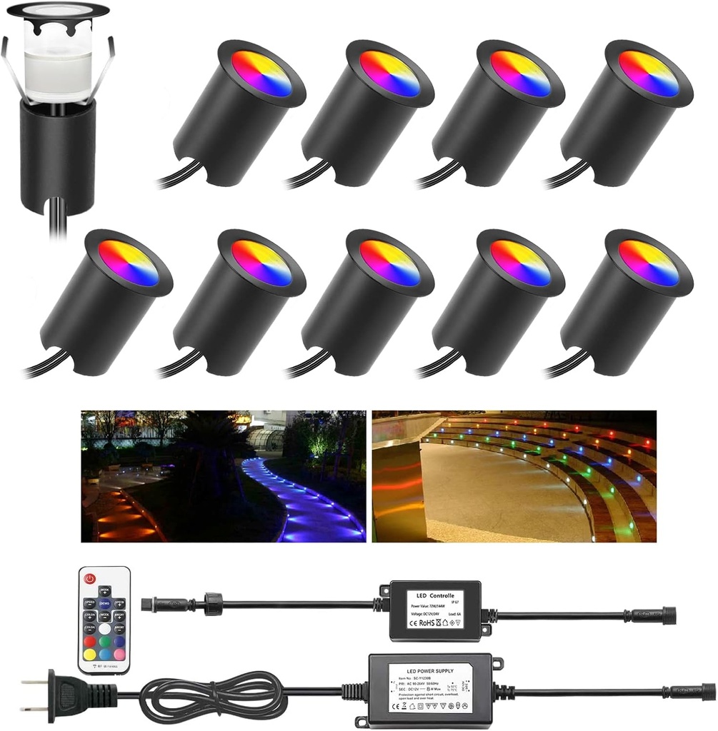 Recessed LED Deck Lights Kits with Protecting Shell,10Pack Φ1.18 IP67 Waterproof 12V Low Voltage Embedded Step Stair RGB Outdoor Landscape LED Lighting for Yard,Garden,Floor,Entryways
