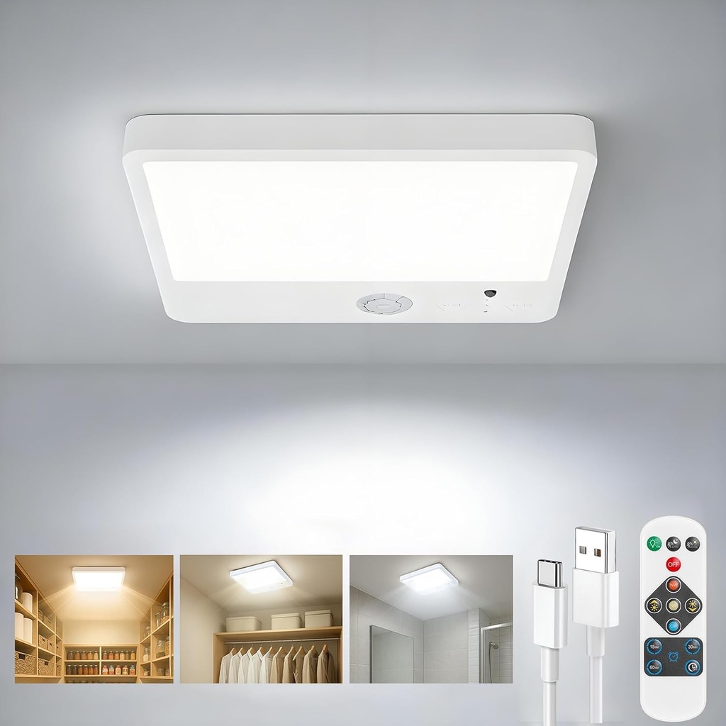 Fast Charging Motion Sensor Closet Light Indoor, Battery Powered Operated Ceiling Lights with Remote, Rechargeable Magnetic Wireless Shower Light for Closet Bathroom Stairs Hallway Pantry, 6.3 Inch
