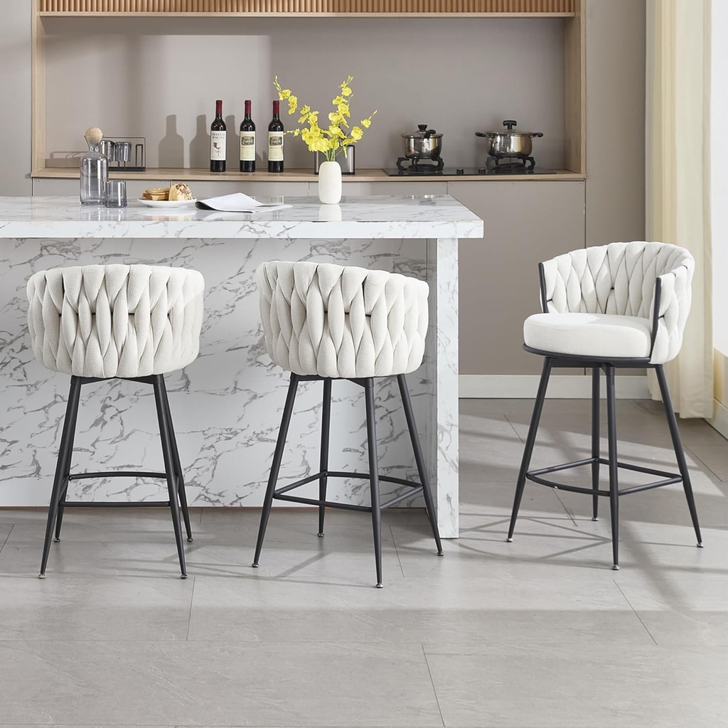 BFZ Bar Stools Set of 3 for Kitchen Counter, 26 inch Modern Fabric Counter Height Barstools, 360° Swivel Bar Chairs Stools with Woven Back and Footrest for Bar, Kitchen Island