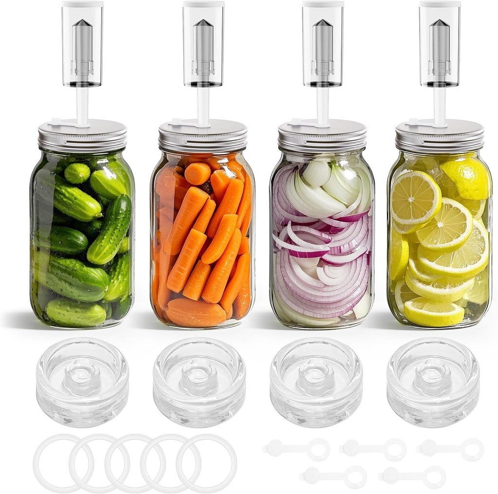 Fermentation Kit for Wide Mouth Mason fermentation Jar,pickling/sauerkraut kit with 4 Glass Fermentation Weights,4 Fermenting Lids,4 airlocks,5 Silicone Rings,5 Silicone Grommet （ No Jars ）