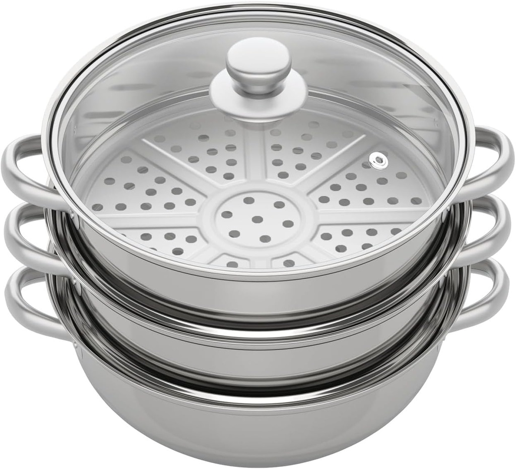 Stainless Steel Steamer Pot 3 Tiers Stackable Steam Cooker with Glass Lid Food Cookware for Induction Cookers Electric Furnaces Gas Stoves 28CM