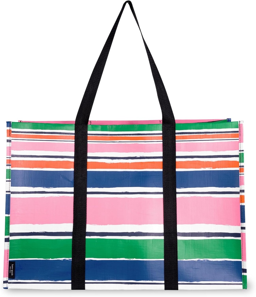 kate spade new york Large Reusable Grocery Bag, Oversized Tote Bag with Pockets, Striped Collapsible Tote for Shopping, Ocean Stripe