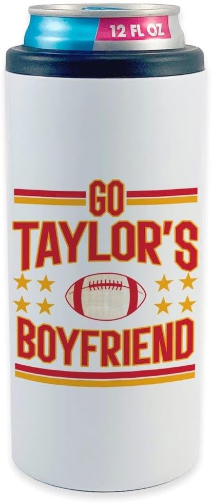 Go Taylor’s Boyfriend – Red and Gold Football Inspired Design - One Stainless Steel Skinny Can Cooler for Hard Seltzers & Beer – Double Wall Vacuum Insulation to Keep Beverages Cold For Hours!