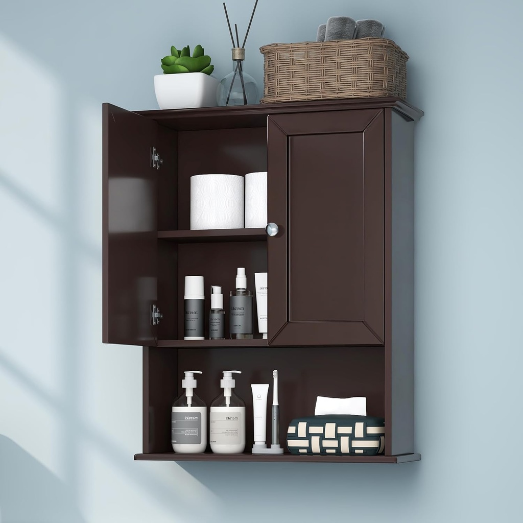 Bathroom Wall Cabinet Expresso Over Toilet Storage - 24x30 in Above Toilet Wood Medicine Cabinet with Adjustable Shelf & 2 Door Mounted Wall Cabinet