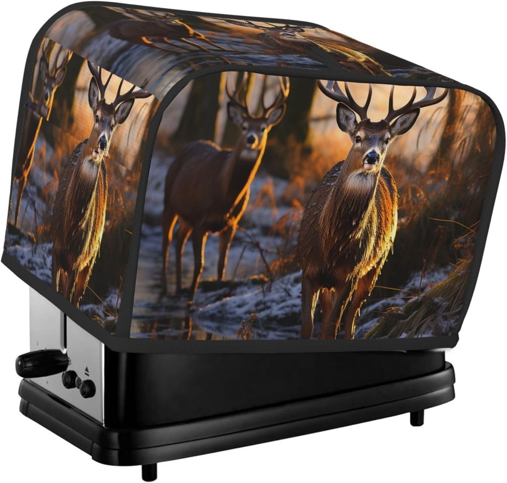 Deers Picture Toaster Cover 2 Slice, Waterproof Bread Machine Covers with Pockets Universal Size Kitchen Small Appliance Cover with Handle, Dust and Fingerprint Protection