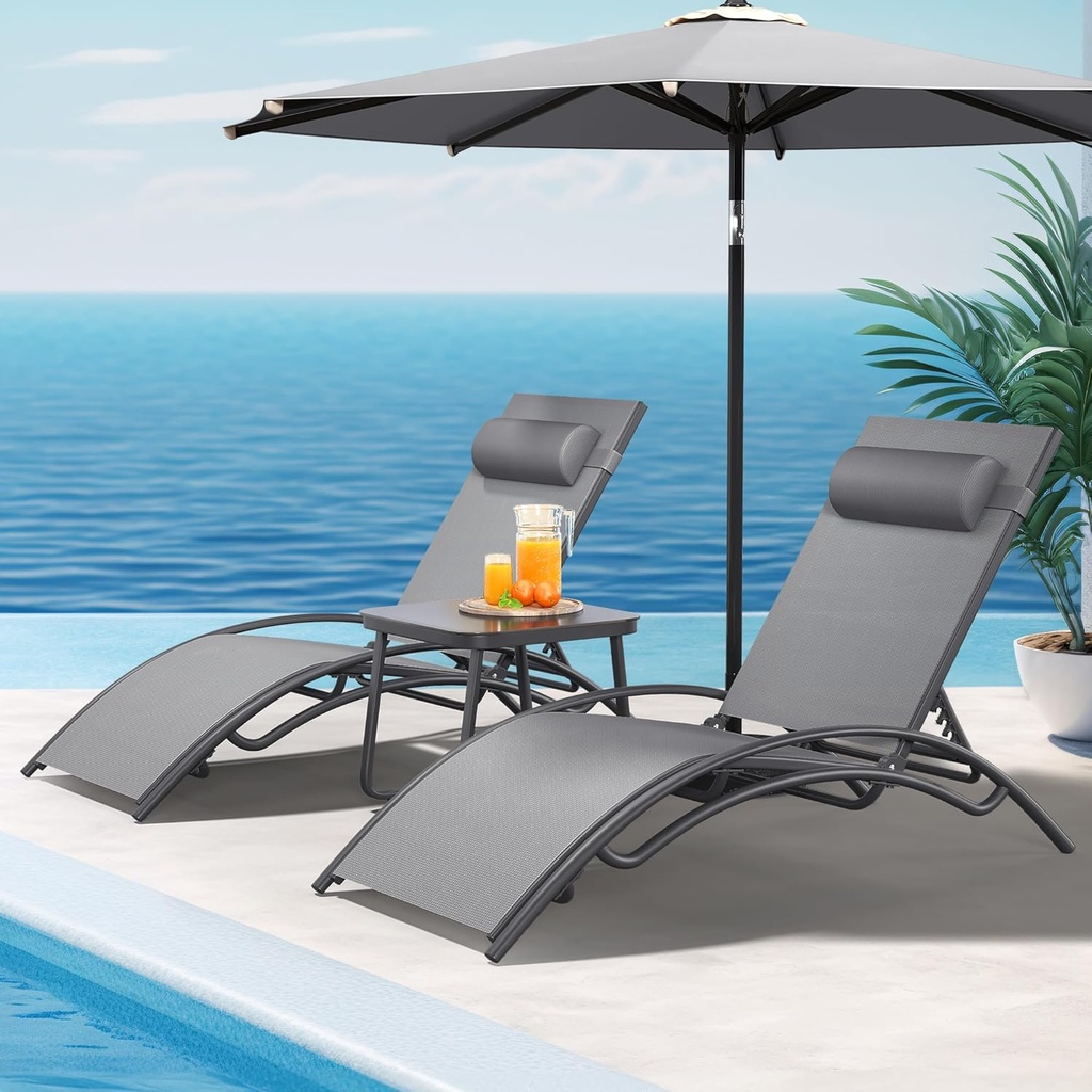 YITAHOME Outdoor Chaise Lounge Chair Set of 3, Pool Lounge Chairs with Side Table & 5-Position Adjustable Backrest, Sunbathing Recliner for Poolside, Backyard, Lawn, Deck - Grey