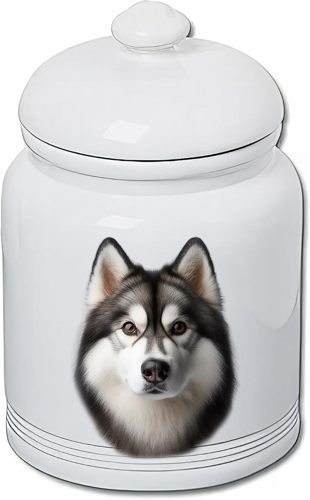 Best of Breed Siberian Husky Grey Dog and Cat Ceramic Treat Jar 9" Tall Air Tight Seal All White