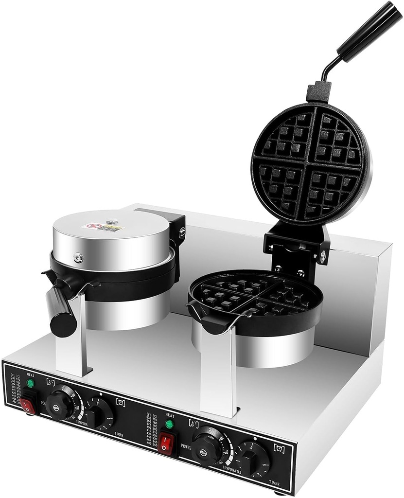 Commercial Waffle Maker, 2400W Double Head Waffle Iron, Non-Stick Rotatable Waffle Baker Machine With 122-572℉ Temp Range and Time Control, Teflon-Coated Baking Pan Stainless Steel Body 110V