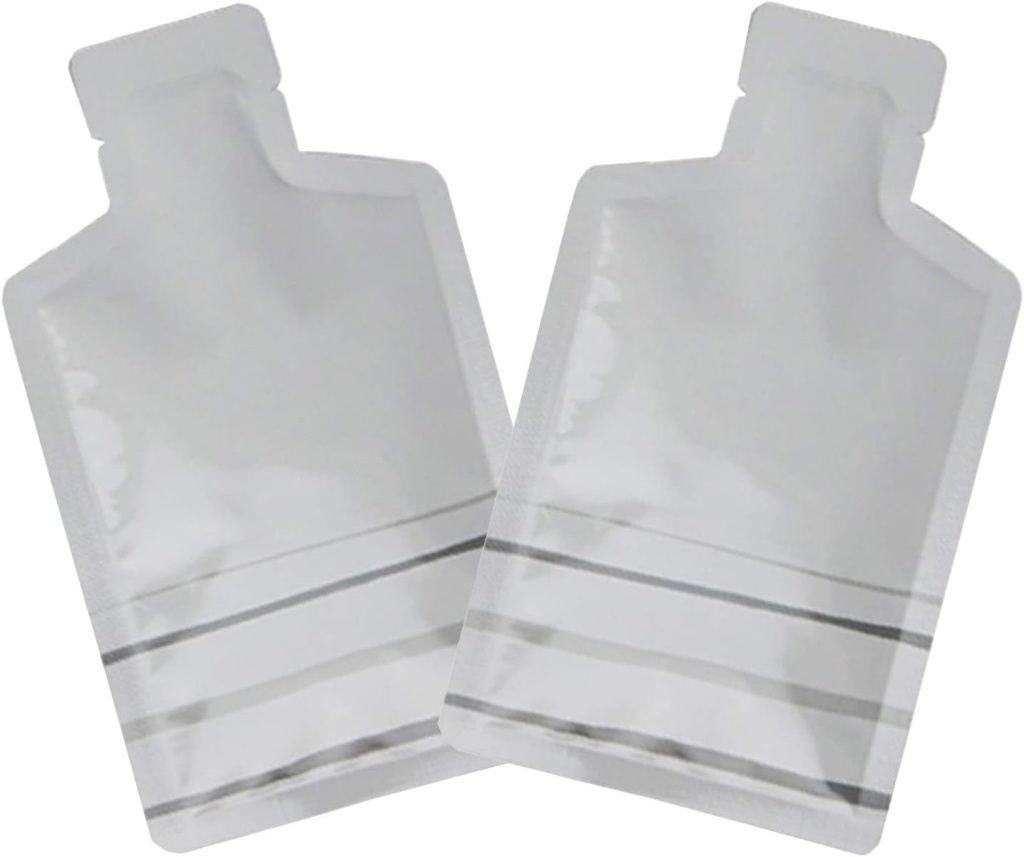 QQ Studio Pack of 100 Color Aluminum Metallized Foil Single-Use Dispenser Tip Open Bottom Heat Seal Sample Pouch (3" x 5", White w/Gray Bottom Stripes)