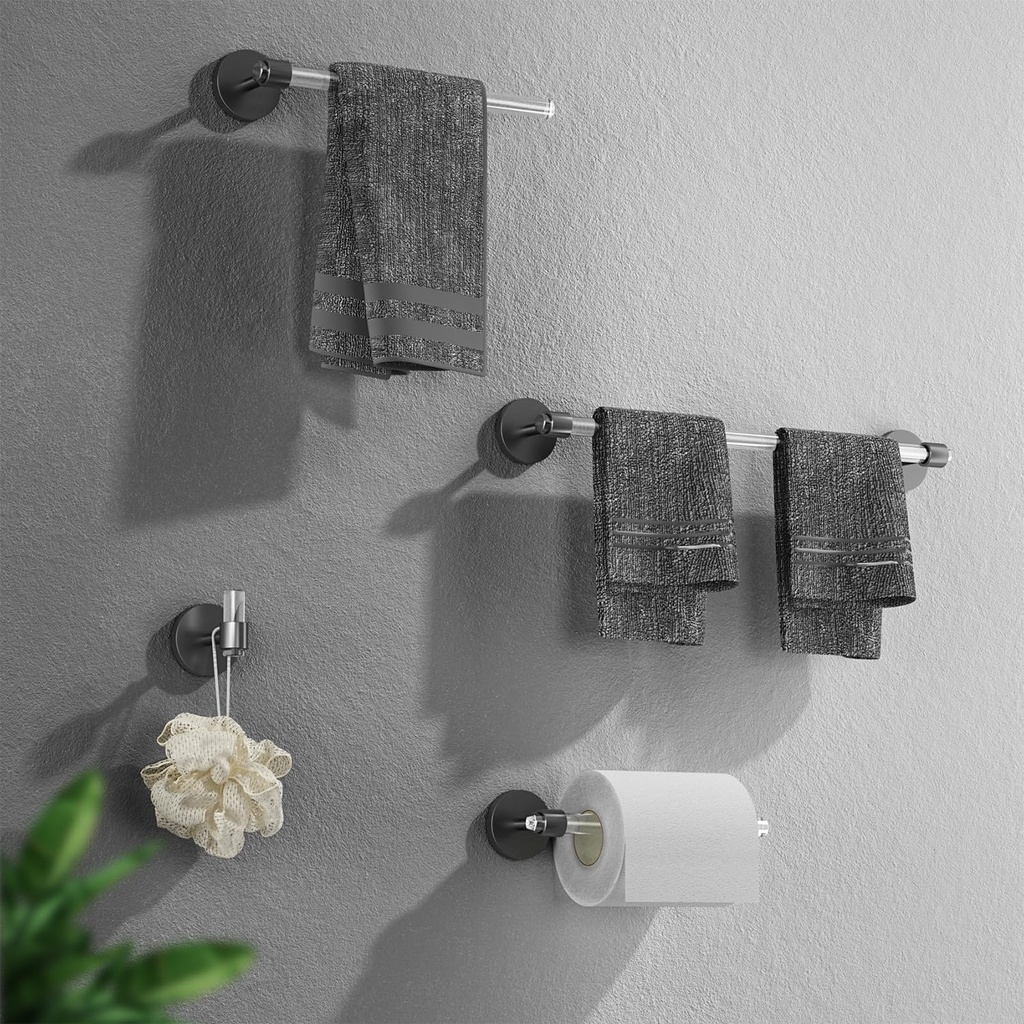 Black Acrylic Bathroom Accessories Set, Including a Wall-Mounted Towel bar, Towel Ring, Toilet Paper Holder, and Robe Hook. A 4-Piece Modern Acrylic Bathroom Hardware Fixture Set.