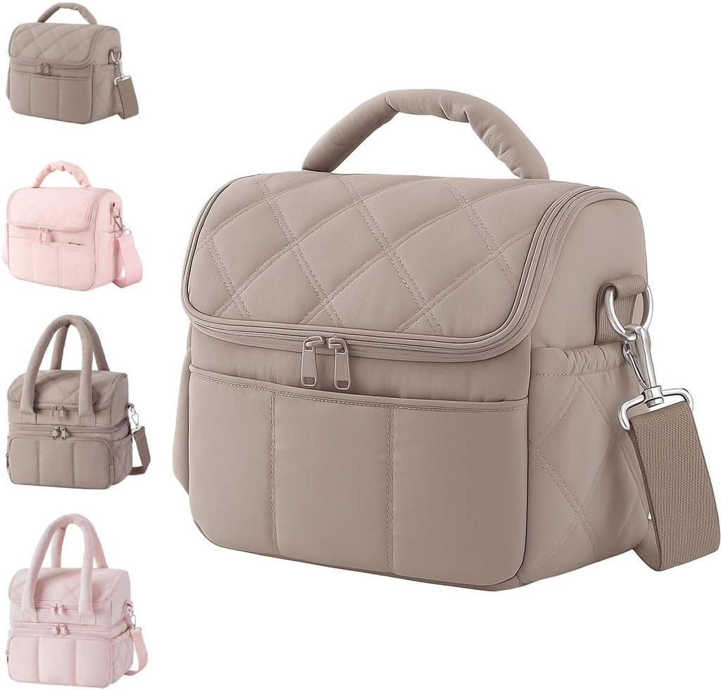 Insulated Lunch Bag Lunch Box for Women,Double Deck Leakproof Cooler Tote with Adjustable Shoulder Strap,Quilted Puffer Design & Durable,Large Reusable Thermal Meal Prep Bag for Work, Picnic, Travel