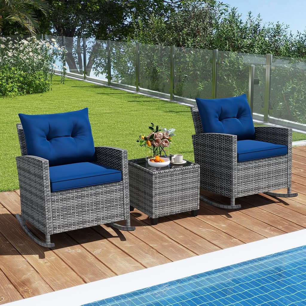 ORALNER 3 Pieces Patio Wicker Rocker Set, Outdoor Furniture Rocking Chairs with Soft Cushions, Glass Coffee Table, Rattan Conversation Bistro Set for Front Porch Balcony Garden Deck Poolside (Navy)