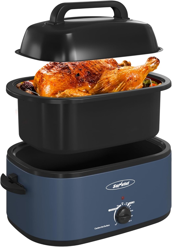 Sunvivi Roaster Oven, 24 Quart Electric Roaster Oven with Glass Lid, Turkey Roaster Buffet with Self-Basting Lid, Removable Pan, Cool-Touch Handles, Dark Blue