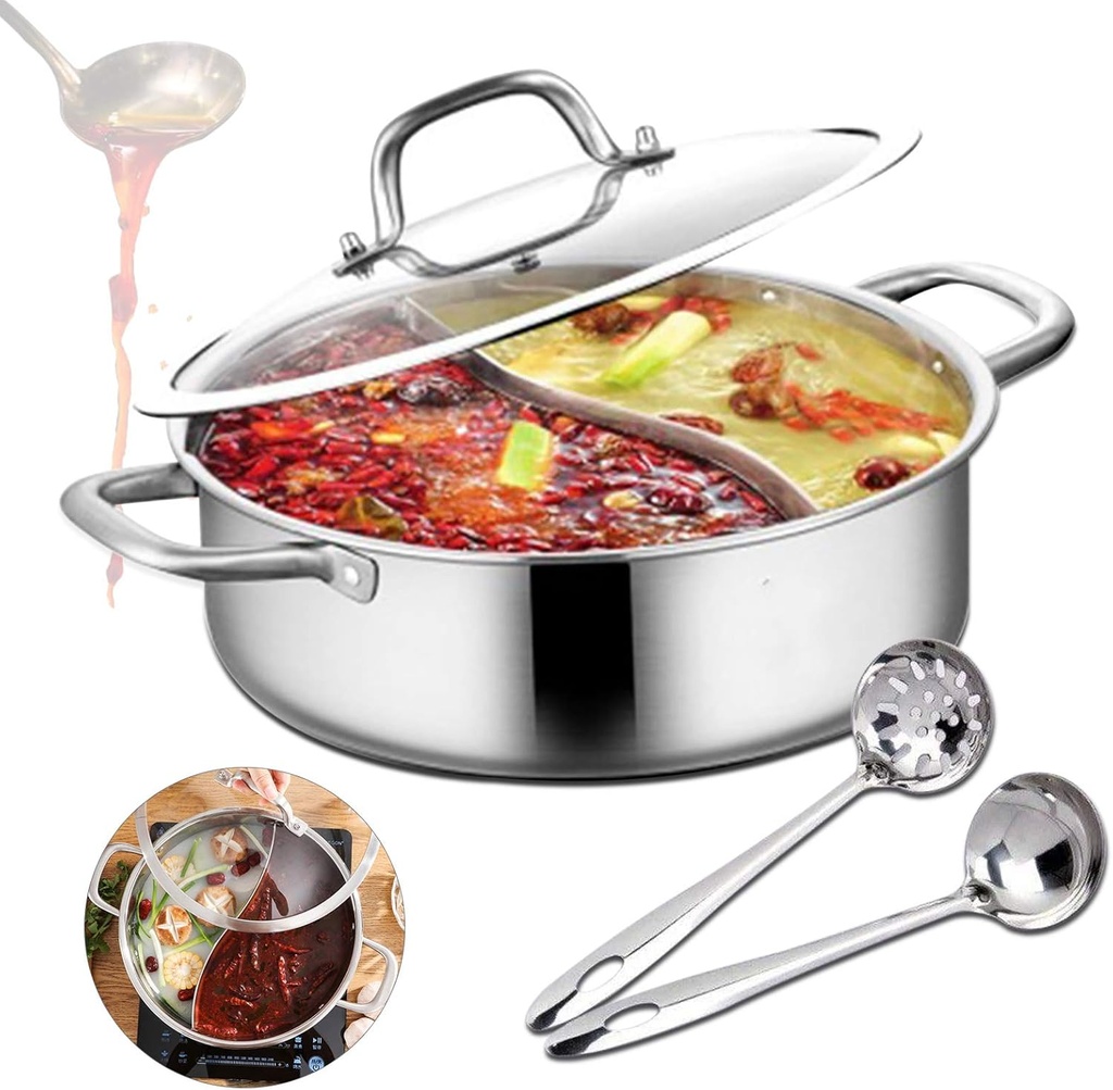 28cm/11in Stainless Steel Shabu Shabu Pot,Hot Pot with 2 Soup Ladles,Lid,Shabu Shabu Dual Sided divider Cooking Soup for Induction Cooker, Gas Furnace, Electric Furnace, Ceramic Hob/2306 (Color : Sil