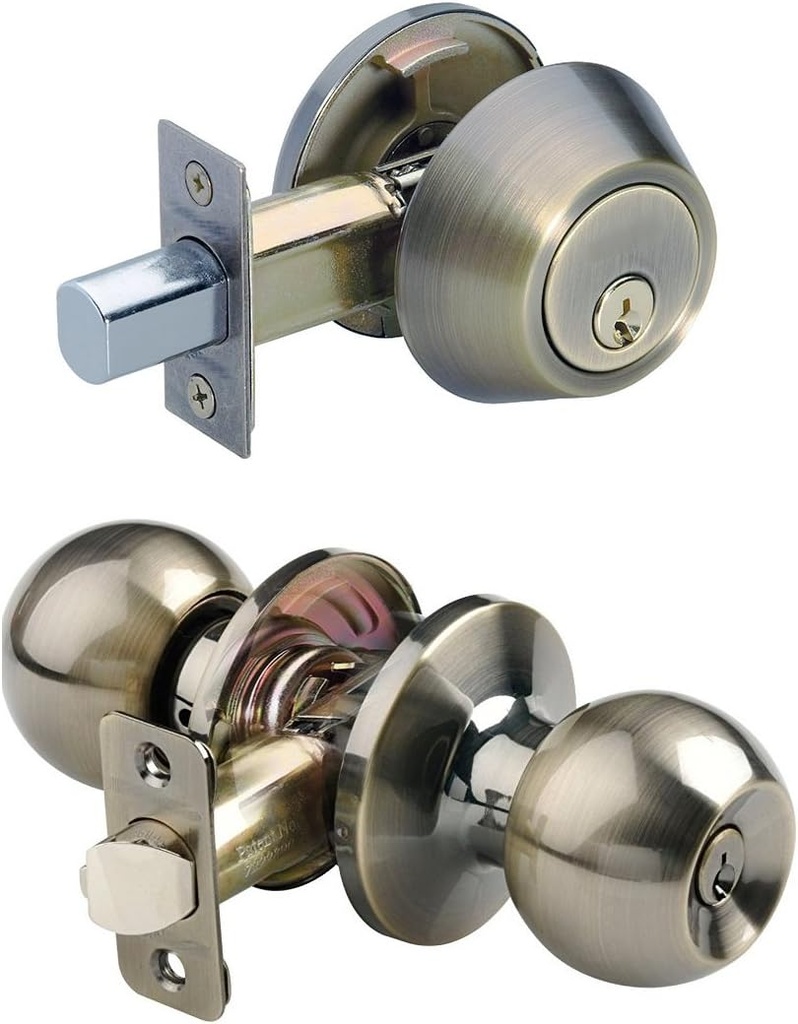 Single Cylinder Deadbolt Entrance Entry Door Knob Lock Combo Set Bronze