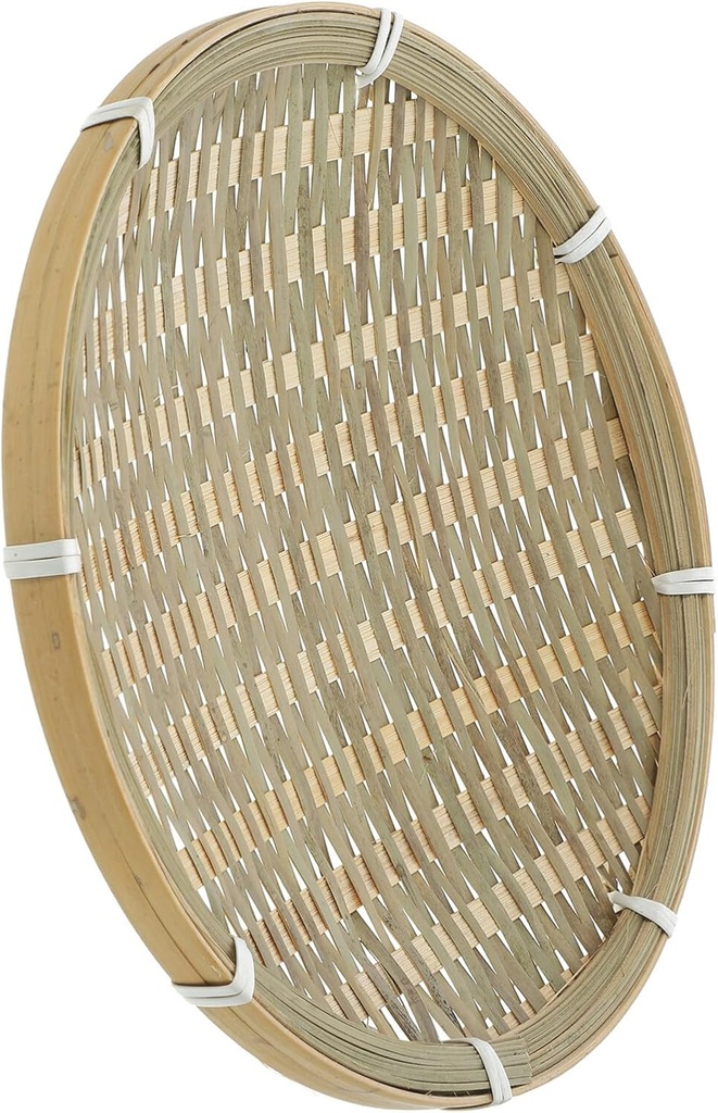 Bamboo Woven Basket Tray, 22cm Flat Wicker Round Fruit Basket Woven Food Storage Shallow Tray Fruit Vegetable Basket Decorative Serving Tray Wall Hanging Baskets for Breakfast Snacks