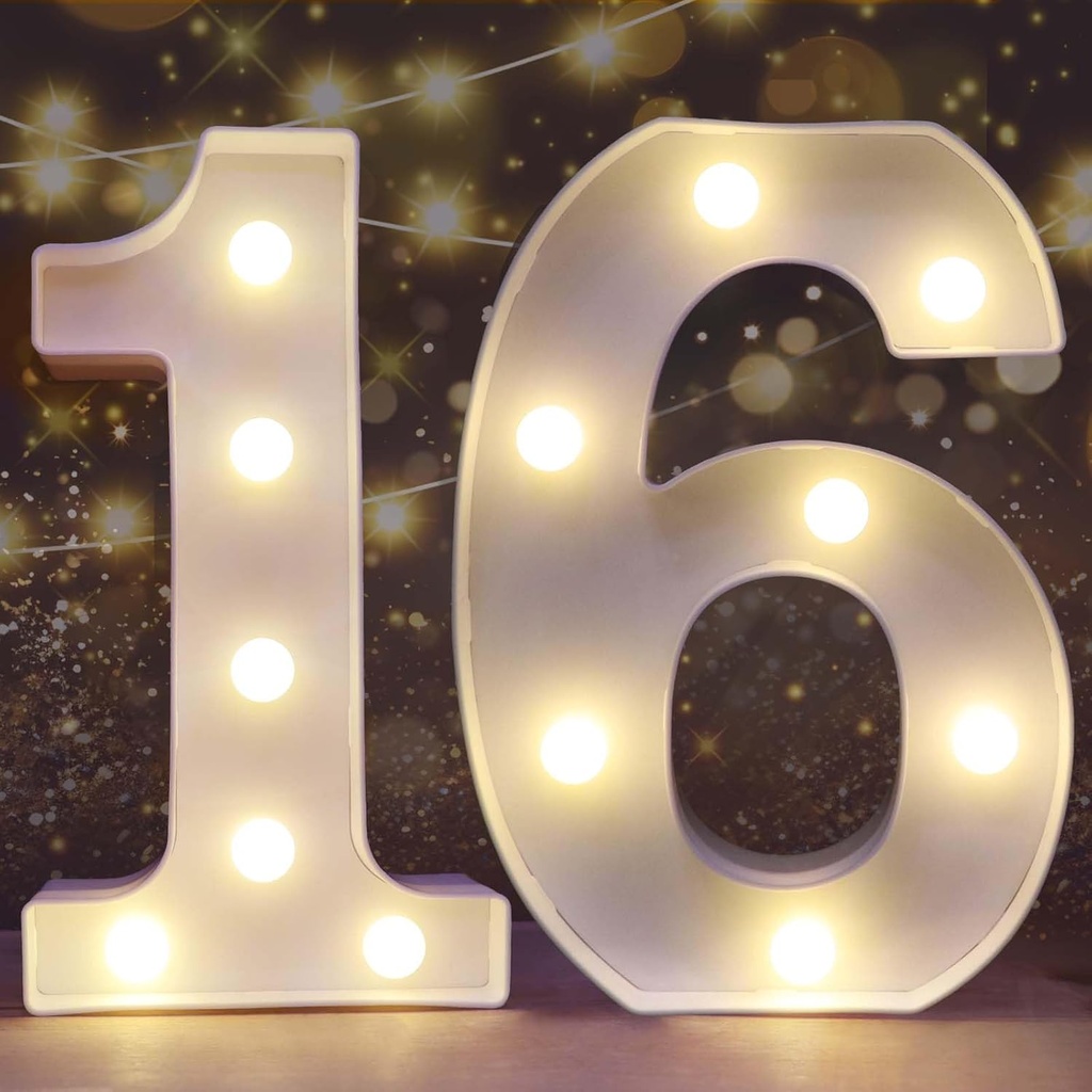Pooqla Decorative Led Light Up Number Letters, White Plastic Marquee Number Lights Sign 16th Birthday Decorations for Girls Boys Party Wedding Decor Battery Operated Number (16)