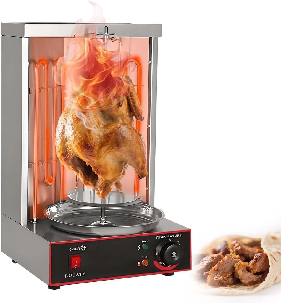 Shawarma Grill Machine, Commercial Kebab Rotisserie Oven featuring Heat Burners & Auto Rotation. Adjustable Temp Control, Stainless Steel Build for Restaurant Use.(Electric 3000W)