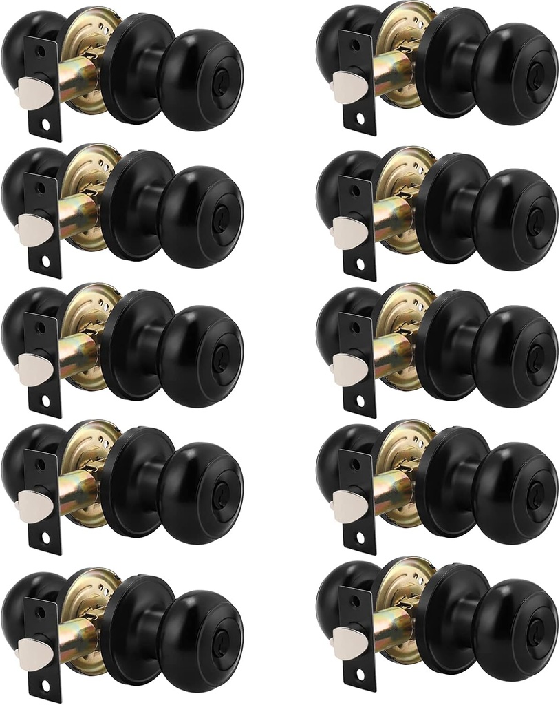 Probrico (10 Pack) Black Round Entry Door Knobs Keyed Alike, Exterior/Interior Door Handles Bedroom Bathroom/Front/Offic Doors, Door Lock with Locks and 3 Combo Keys Lock Security