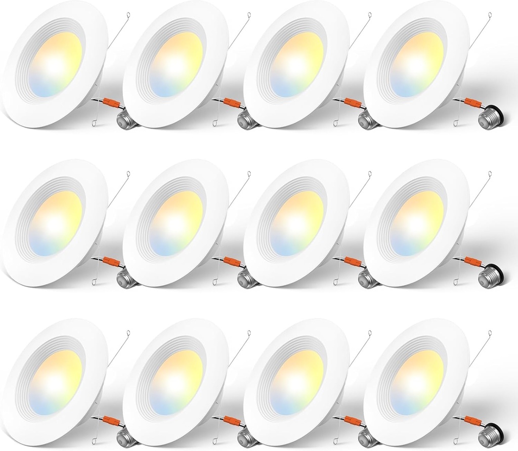 Amico 5/6 inch 5CCT LED Recessed Lighting 12 Pack, Dimmable, Damp Rated, 12.5W=100W, Can Lights with Baffle Trim, Retrofit Installation, ETL&FCC, White