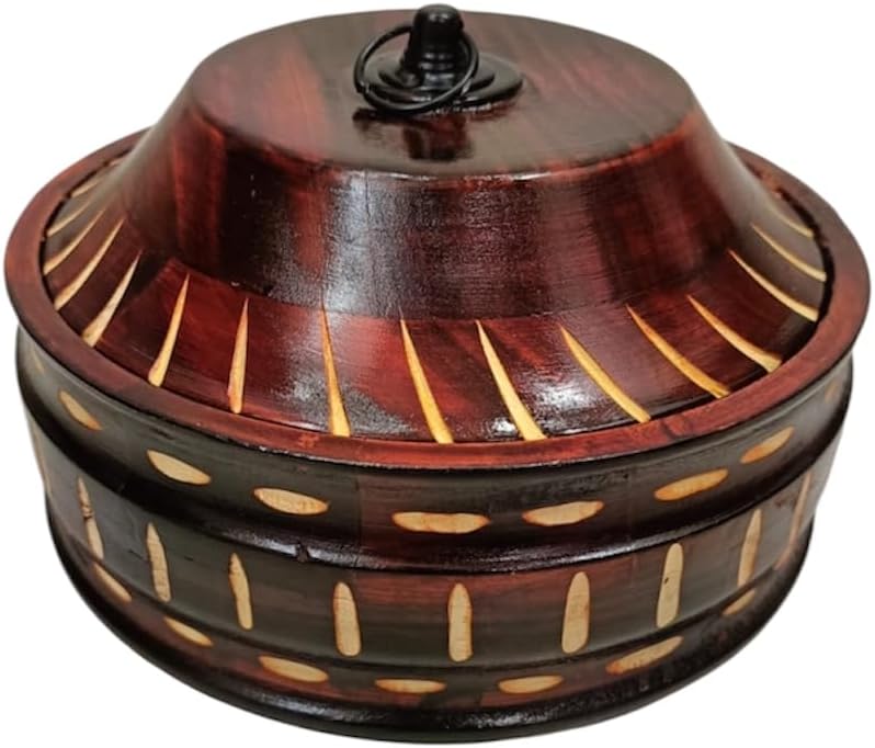 Handcrafted Wooden bread Box with Lid Traditional Round bread Storage Container with Inlay Design for Kitchen & Dining Use
