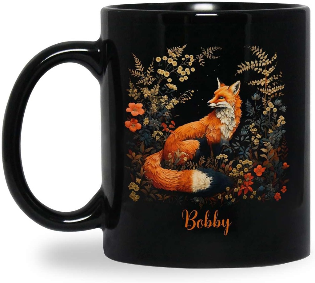 Personalized Fox In Garden Ceramic Cup, Fox Design Coffee Mug With Name, Gift For Wildlife And Nature Admirers, Customized Floral Fox Black Travel Mug For Men Women, Animal Lover Gift Idea