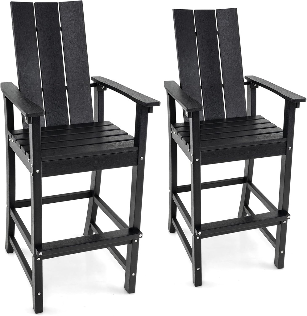 Giantex 52” Tall Adirondack Chair Set of 2, HDPE Outdoor Bar Stool with Ergonomic Backrest, Armrests, Footrest, Fire Pit Chair, All Weather Patio Bistro Chair for Garden, Lawn (Black)