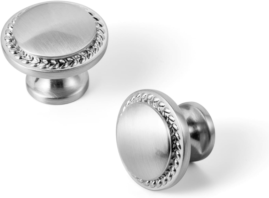 Set of 12 Modern Satin Nickel Cabinet Knobs with Wheatear Border – Classic Round Design for Kitchen Drawers Contemporary Dresser Handles