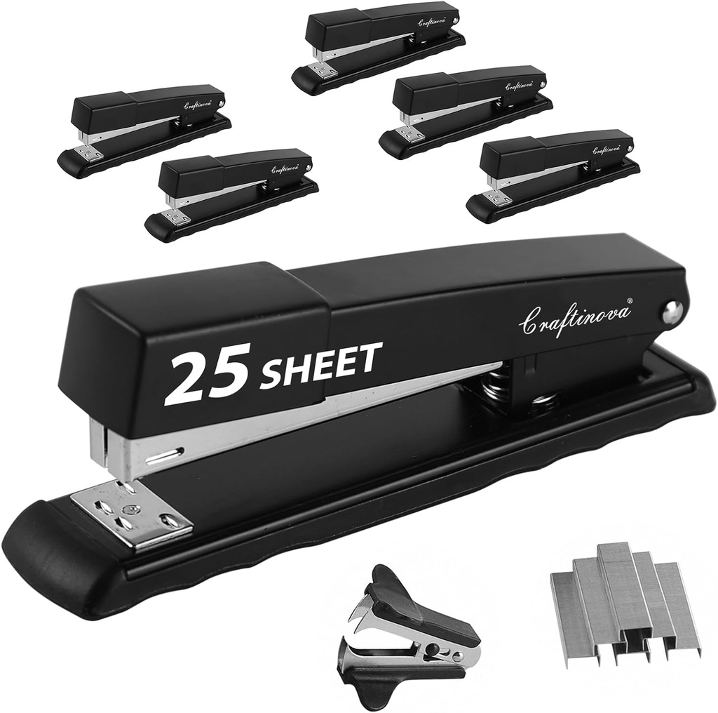 Metal Desktop Stapler - 25 Sheet Capacity, Heavy Duty, Black, with 2000 Staples & Remover, Office Use, 6 Pack