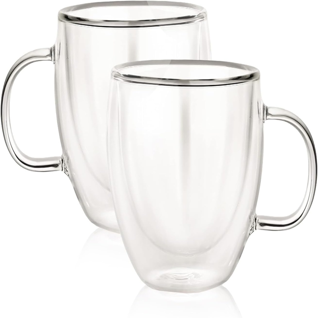 16 Oz Insulated Glass Mugs – Double Wall Coffee Mugs for Tea, Cappuccino, Iced Coffee, Latte, Hot Beverages – Microwave & Dishwasher Safe, Set of 2