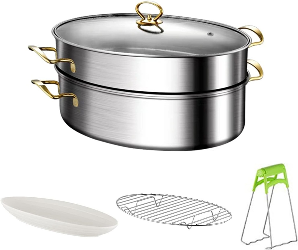 Heavy Duty 304 Stainless Steel Oval Fish Steamer - Multi-Use Elliptical Fish Pot Cookware with Rack, Ceramic Pan, Anti-scalding Clip, Vented Glass Lid for Steaming Fish, Boiling Soup (Double Layer)