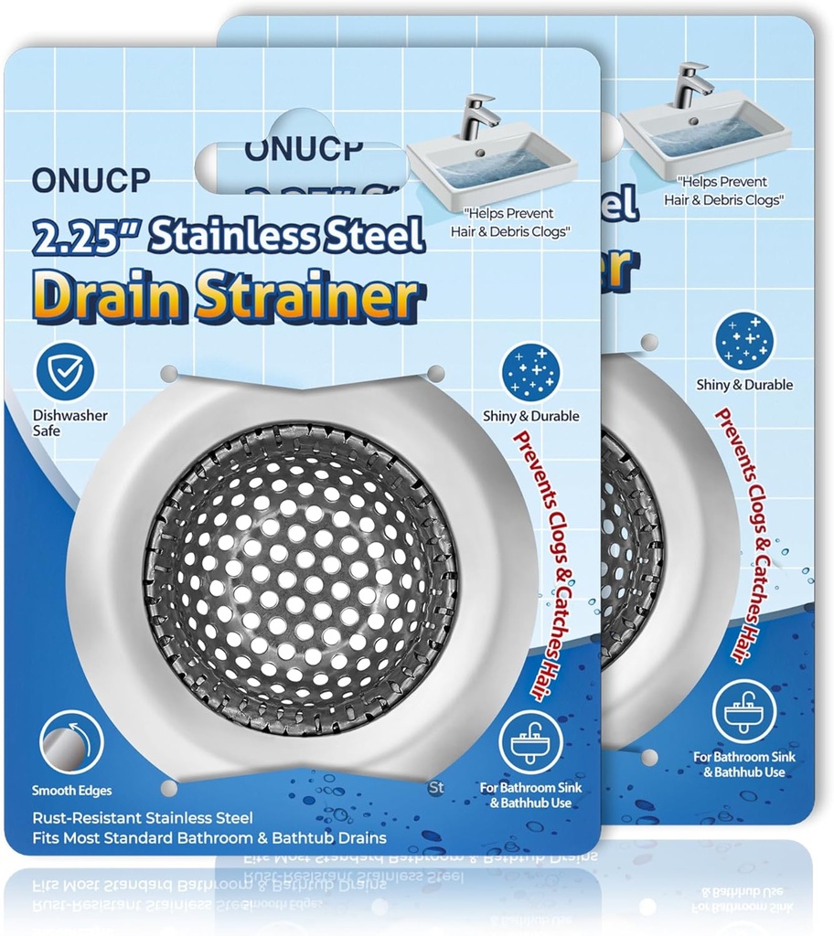 2.25" Top / 1" Stainless Steel Drain Strainer 2 Pack – Bathroom Sink & Bathtub Drain Protector & Hair Catcher