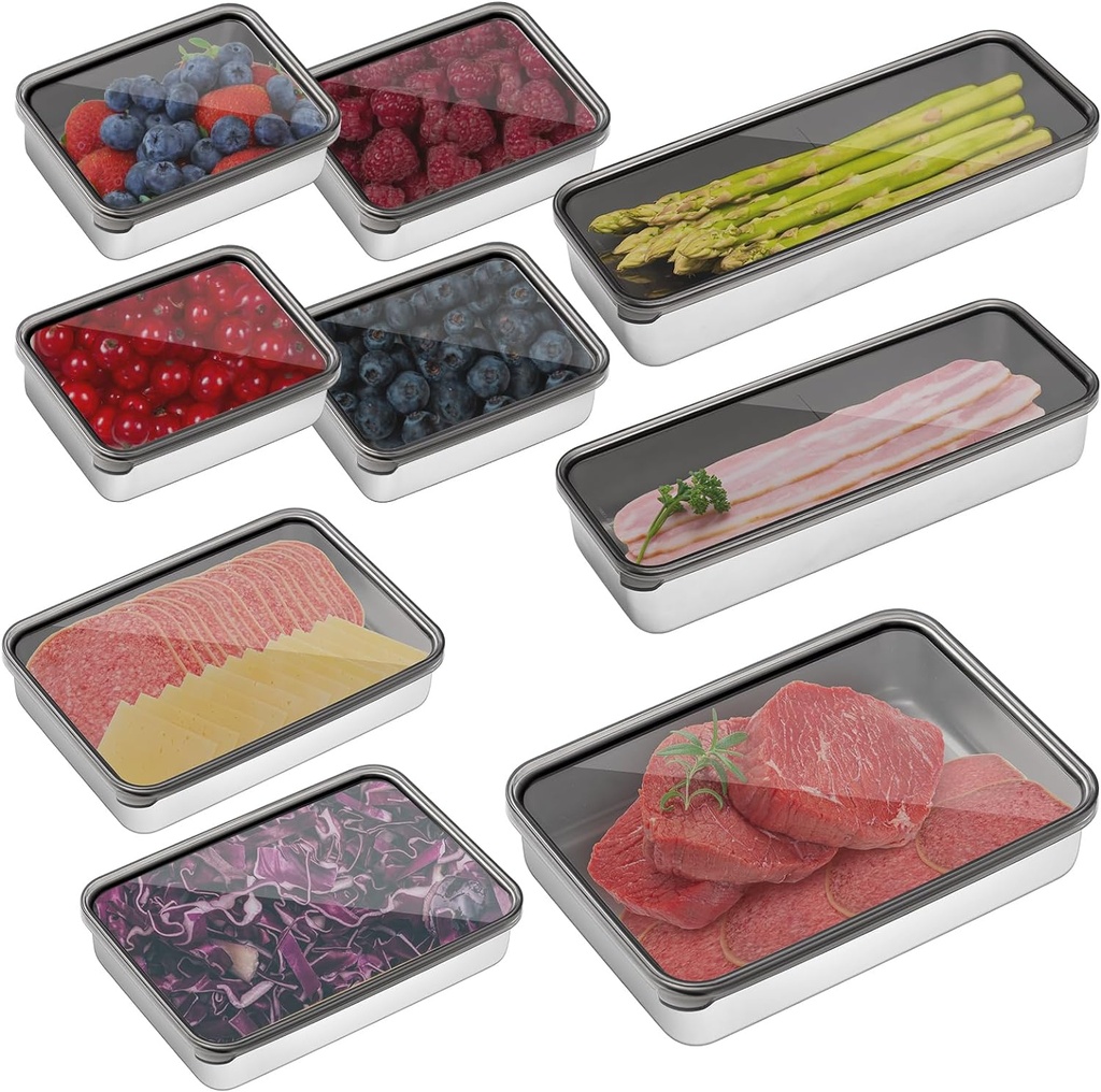 Hushee 9 Pack Bacon Cheese Container for Refrigerator, 304 Stainless Steel Airtight Deli Meat Container, Dishwasher Safe Fridge Storage Fruit Lunch Storage with Lids for Fridge, 4 Sizes