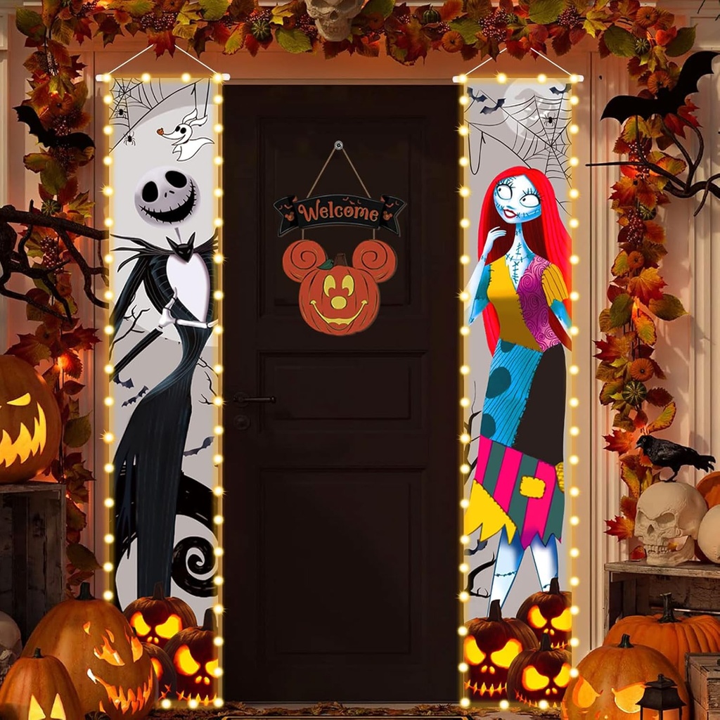Nightmare Christmas Halloween Decor Jack Skellington Sally Lighted Banners Porch Sign Decorations Before Christmas Welcome Halloween Outdoor Party Banners