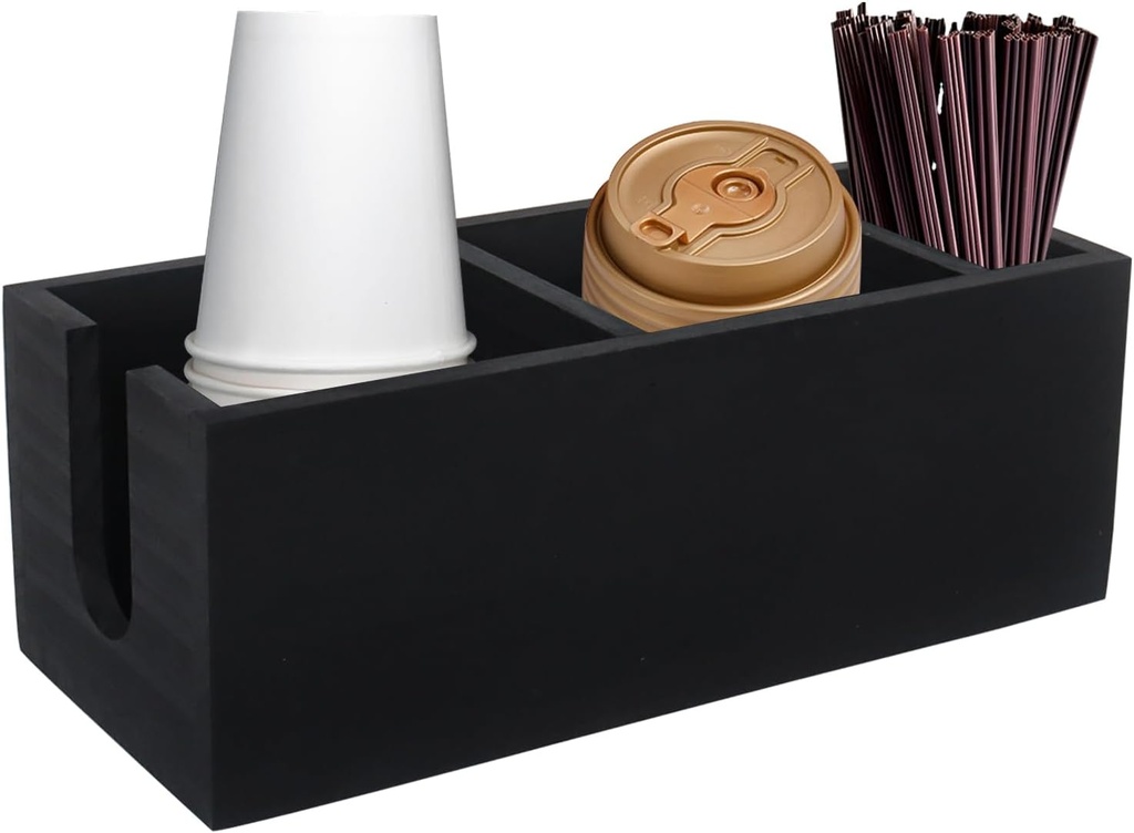 Klmnop Coffee Cup Holder for Countertop, Wood Disposable Coffee Cup Holder, Coffee Station Organizer for Cup Lid Stirrers Pod(Black)
