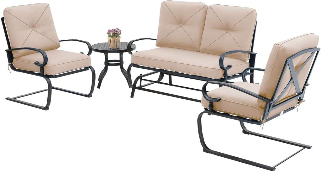 Crownland Outdoor Furniture Patio Conversation Set (Loveseat, Coffee Table, 2 Spring Chair) Metal Frame Wrought Iron Look with Cushions (Brown)
