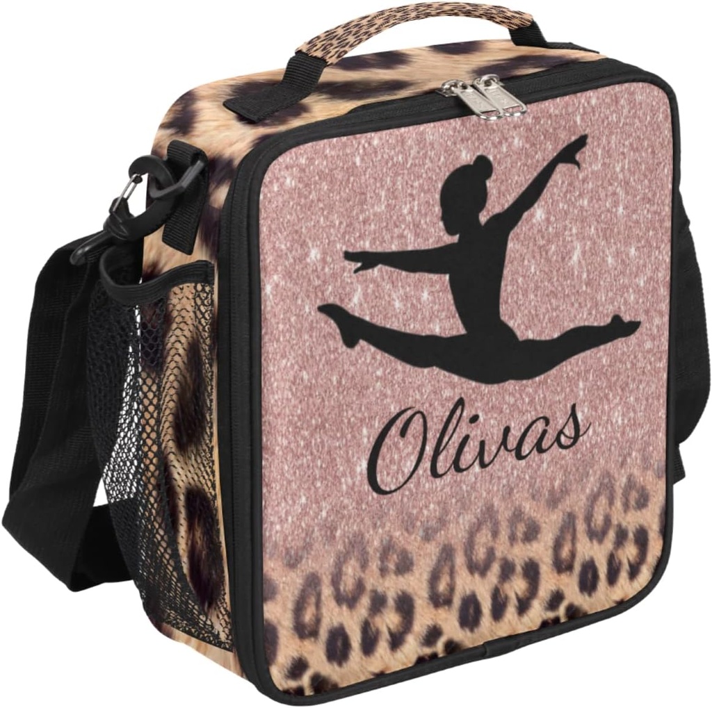 Custom Lunch Bag Personalized Lunch Box for Girls Boys Teen Men Women Personalized Gift Lunch Tote Bag Rose Glitter Leopard Gymnastics