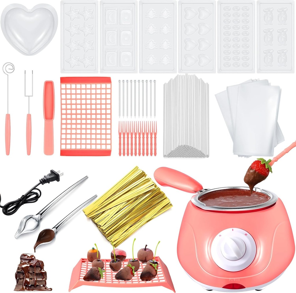 Umigy Electric Melting Chocolate Pot Gift Set Mini Fondue Fountain Pot Kit Chocolate Melting with DIY Mold and Accessories for Candy Christmas Milk Cheese Candy Home(Pink)