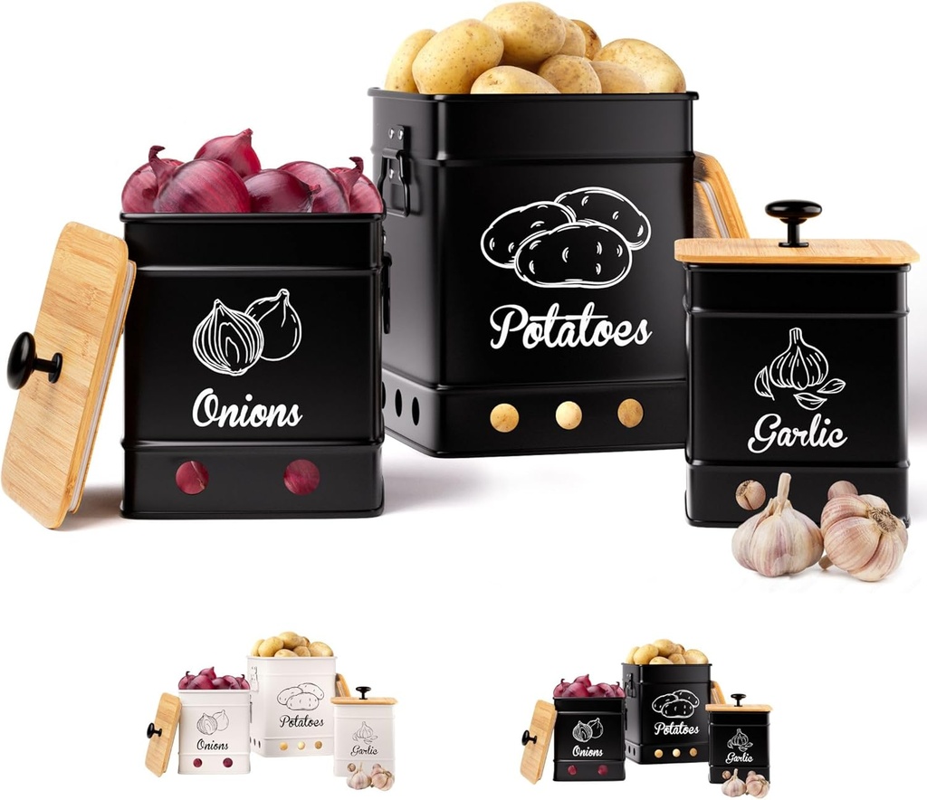 Potato Onion Garlic Storage Set of 3 Ventilated Iron Canisters with Bamboo Lids - Potato and Onion Storage Bin for Pantry - Kitchen Vegetable Storage Containers - Cute Metal Vegetable Bin Set of 3
