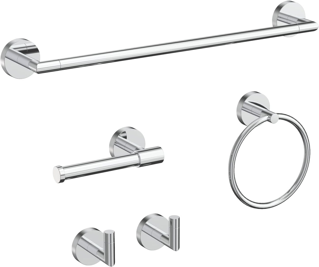 LAKETON Collection, 5-Piece Bathroom Hardware Accessories Set, Towel Ring, Adjustable Expandable Towel Bar, Two Towel and Robe Hook, Toilet Paper Holder, Wall Mounted, Plated Chrome