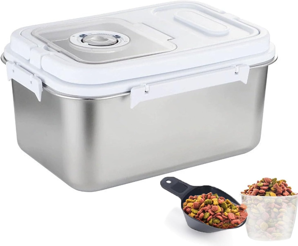 20 lbs Stainless Steel Rice Storage Container, Rice Dispenser Cereal Containers with Measuring Cup, Flour Container with White Lid,Airtight Food Storage for Cat,Dog,Pet (Silvery)