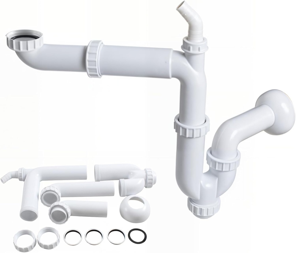 1/2” Sink Drain Pipe Kit, Kitchen Sink Drain Pipe Kit with P Trap, Bathroom Sink Drain Kit, Odor Resistant Flexible Plumbing Pipe, Easy Installation & Replacement(white)