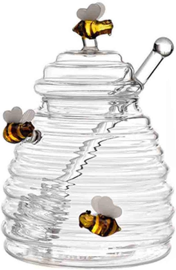 ikasus Honey Jars Honey Dish with Dipper and Lid Bee Charms Decoration Crystal Clear Large Glass Jar Honey Pot Honey Dispenser Beehive Honey Containers for Store Honey Syrup Jam Jelly Home Kitchen