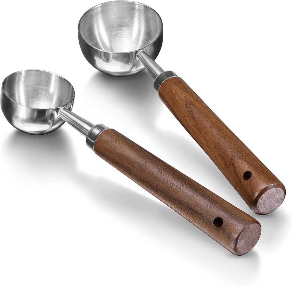 2Pcs Coffee Scoop for Ground Coffee - 1 Tbsp (15ml) & 2 Tbsp (30ml) Tablespoon Scoop, 304 Stainless Steel Coffee Measuring Spoon with Long Walnut Wood Handle, Silver