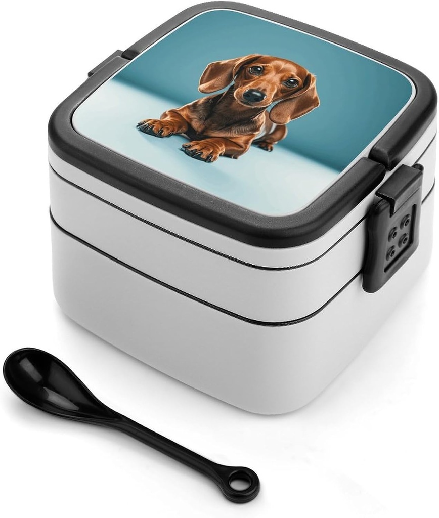 Cute Dachshound Dogs Bento Box with Spoon, 2-layer Stackable Lunch Box Leak Proof with Invisible Handle, Insulated Food Storage for Office, Picnic & Travel