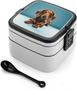Cute Dachshound Dogs Bento Box with Spoon, 2-layer Stackable Lunch Box Leak Proof with Invisible Handle, Insulated Food Storage for Office, Picnic & Travel