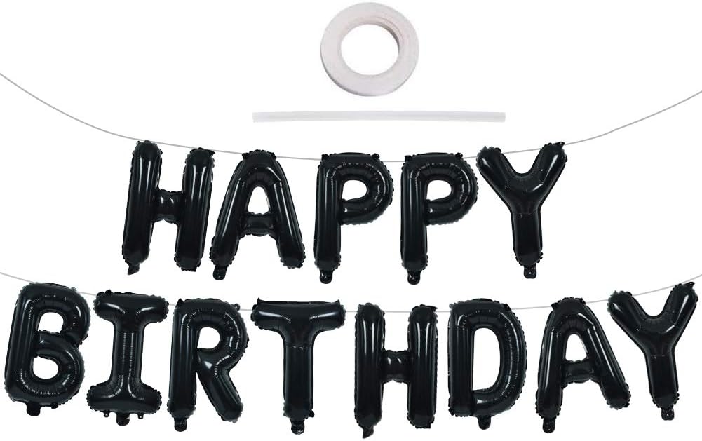 TONIFUL Black Happy Birthday Balloons Banner 16 Inch Mylar Foil Letters Birthday Sign Banner Bunting Reusable for 30th 40th 50th 60th Adults and Halloween Supplies
