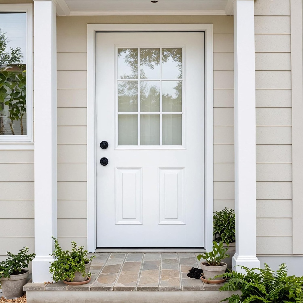 36"x80" Fiberglass Entry Door with Brickmould – 4-9/16" Vinyl Frame, 9 Lite Low-E Glass – Primed Front Door, Right Hand Inswing, White Oak Grain (White, 83.46"×46.95")