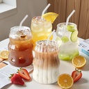 Ribbed Glass Cups Set of 4: 18OZ Vintage Aesthetic Iced Coffee Glasses with Straws, Cute Drinking Glasses with Wave Shape Design, Matcha Glass Cup Bubble Cups for Juice, Tea, Beverage, Gift