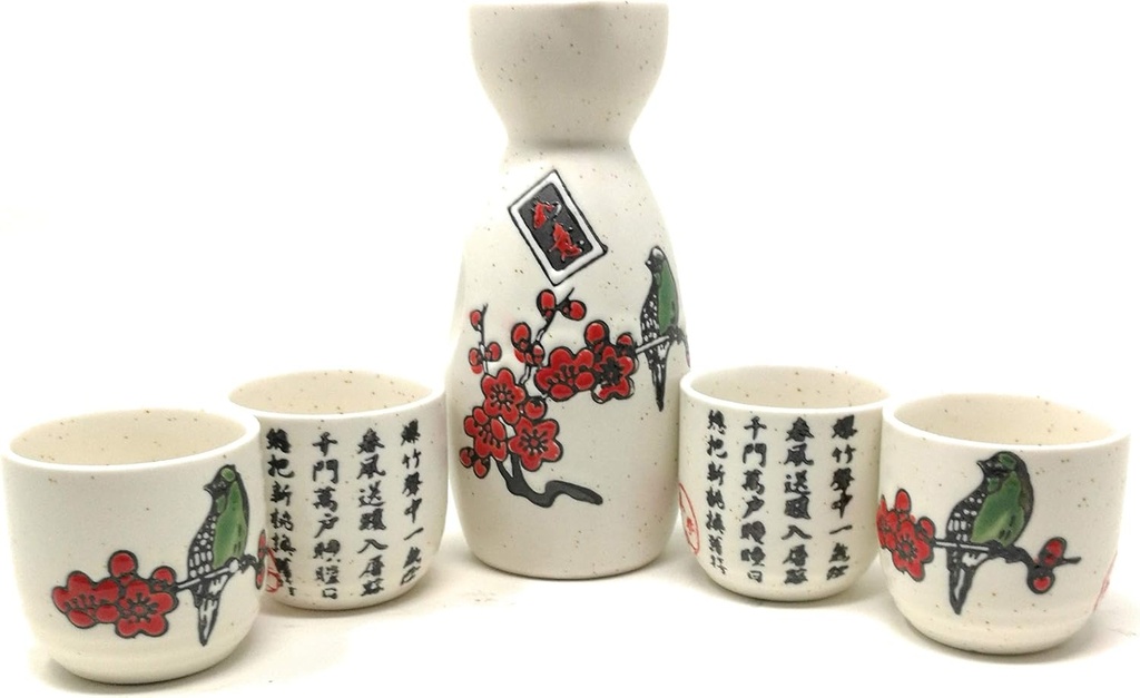 TJ Global 5-Piece Sake Set, Durable Ceramic Japanese Sake Set with 1 Carafe/Decanter/Tokkuri Bottle and 4 Ochoko cups for Sake at Home or Restaurant - Cherry Blossom with Bird and Calligraphy